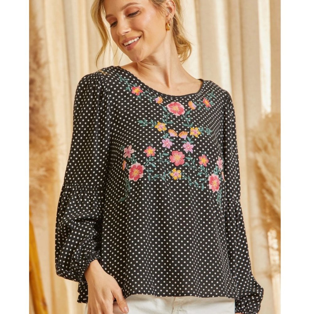 NWT Savanna Jane Black Floral Embroidered Polka Dot Blouse - Picture 5 of 5